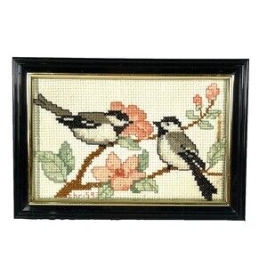 Vtg Spring Chickadees Counted Cross Stitch Finished and Framed 6 x 4 Framed
